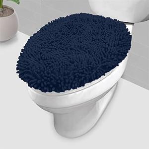 LuxUrux Toilet Lid Cover with Stretch Fit Elastic Band – Chenille Microfiber Toilet Seat Non-Slip Cover for Bathroom – Soft Plush, Machine Wash And Dry, Comfort & Clean Look (18 x 21'', Navy)