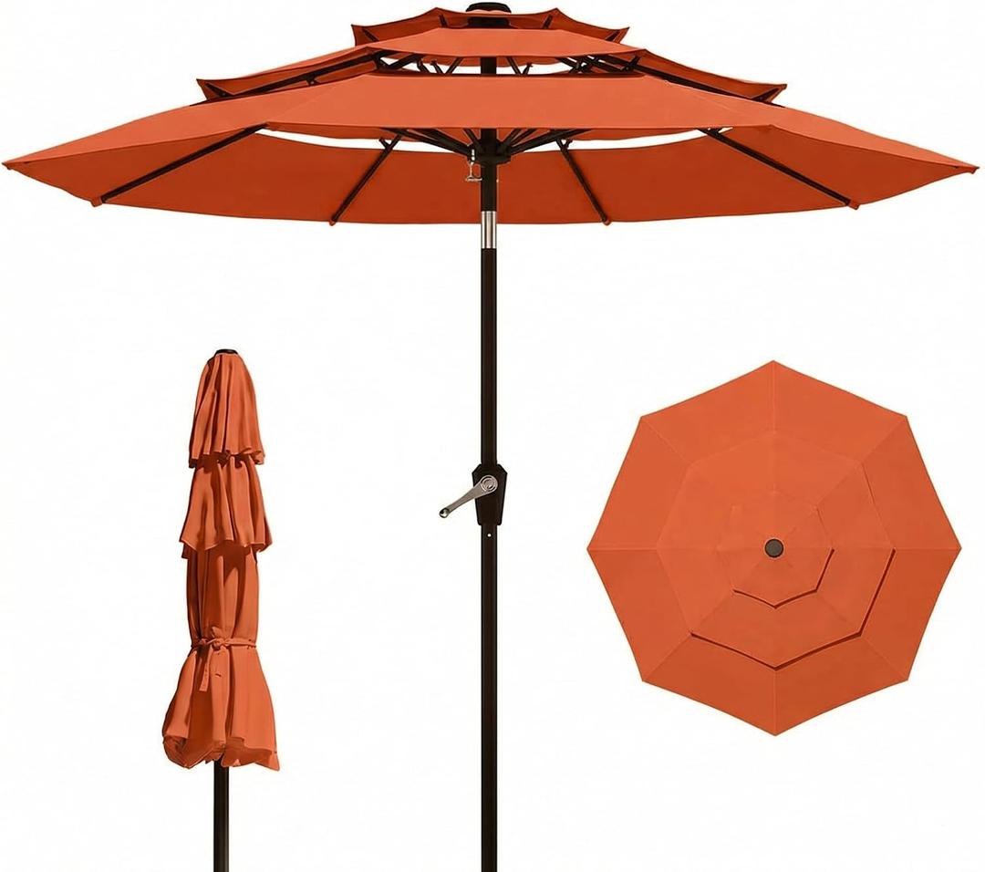 10FT Patio Umbrella 3 Tiers Outdoor Market Umbrella w/Push Button Tilt, Crank, UV and Waterproof Table Umbrella for Garden, Pool, Backyard, Deck, Lawn, Terracotta