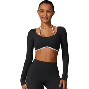 ABOCIW Long Sleeve Workout Tops for Women with Built in Bra Halter Open Back Croped Gym Top Yoga Athletic Shirts M
