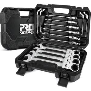 Prostormer 14-Piece Metric Flex-Head Ratcheting Wrench Set, 6-19mm Combination Wrench Kit with Storage Case, 72 Tooth, Cr-V Steel Constructed