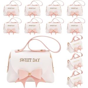 FINGERINSPIRE 12 Pack PU Leather Bowknot Gift Boxes with Handle 5.1x2.7x3.15 inch White Small Handbag Candy Gift Box Reusable Gift Box for Baby Shower Wedding Birthday Party Anniversary Valentine's