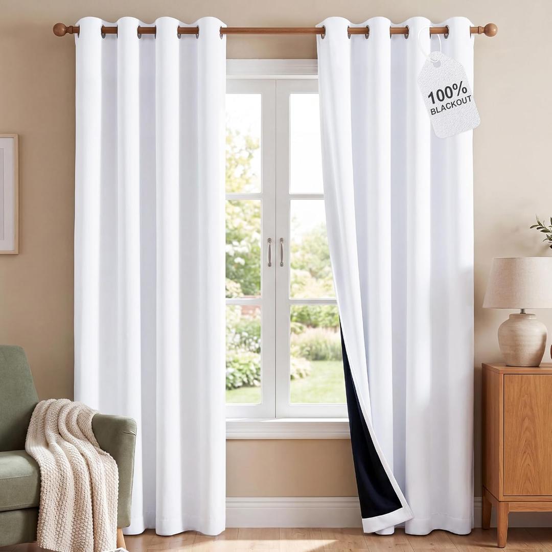 NICETOWN 100% Blackout Window Curtain Panels, Cold and Full Light Blocking Drapes with Black Liner for Nursery, 84 inches Drop Thermal Insulated Draperies (White, 2 Pieces, 52 Wide Each Panel)