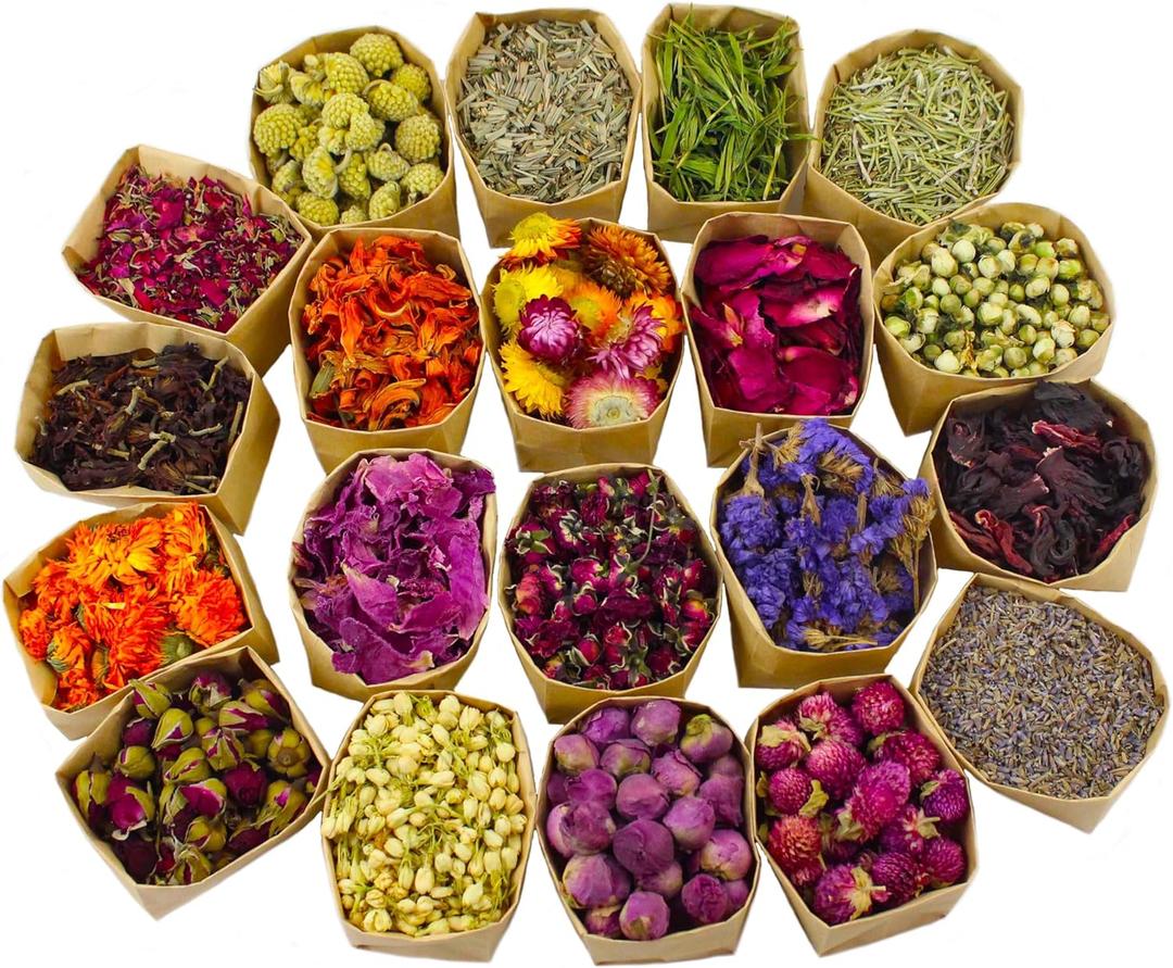 20 Pack*0.28oz Organic Dried Flowers|Linen Bag&Bamboo Clamp|Caffeine-Free Tea,Gluten-Free,Non-GMO|Candle Soap MakingLemon,Lavender,Pink Rose,Jasmine| and More
