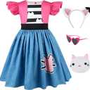 keaiyouhuo Kids Princess Cat Costume Girls Ruffle Sleeve Casual Dresses with Headband Halloween Christmas Birthday Dress up (5-6 Years, Rose Red)