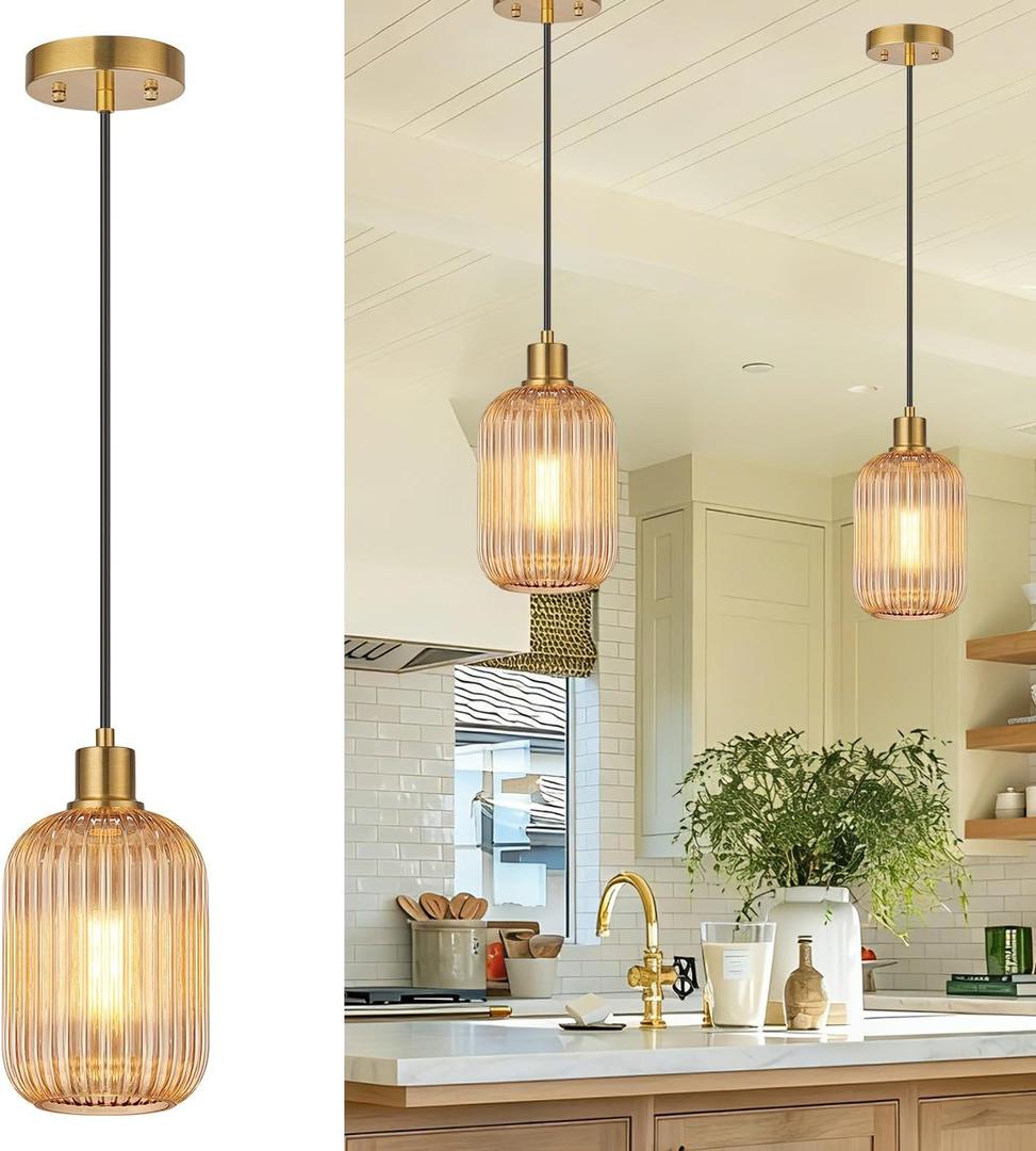 2 Pack Amber Cylinder Pendant Lights Kitchen Island with Ribbed Lampshade, Brushed Gold Hanging Light Fixture, Adjustable Pendant Lighting for Kitchen Island Sink Dining Room (Bulbs Not Included) 2 Pack Brushed Gold + Amber Glass