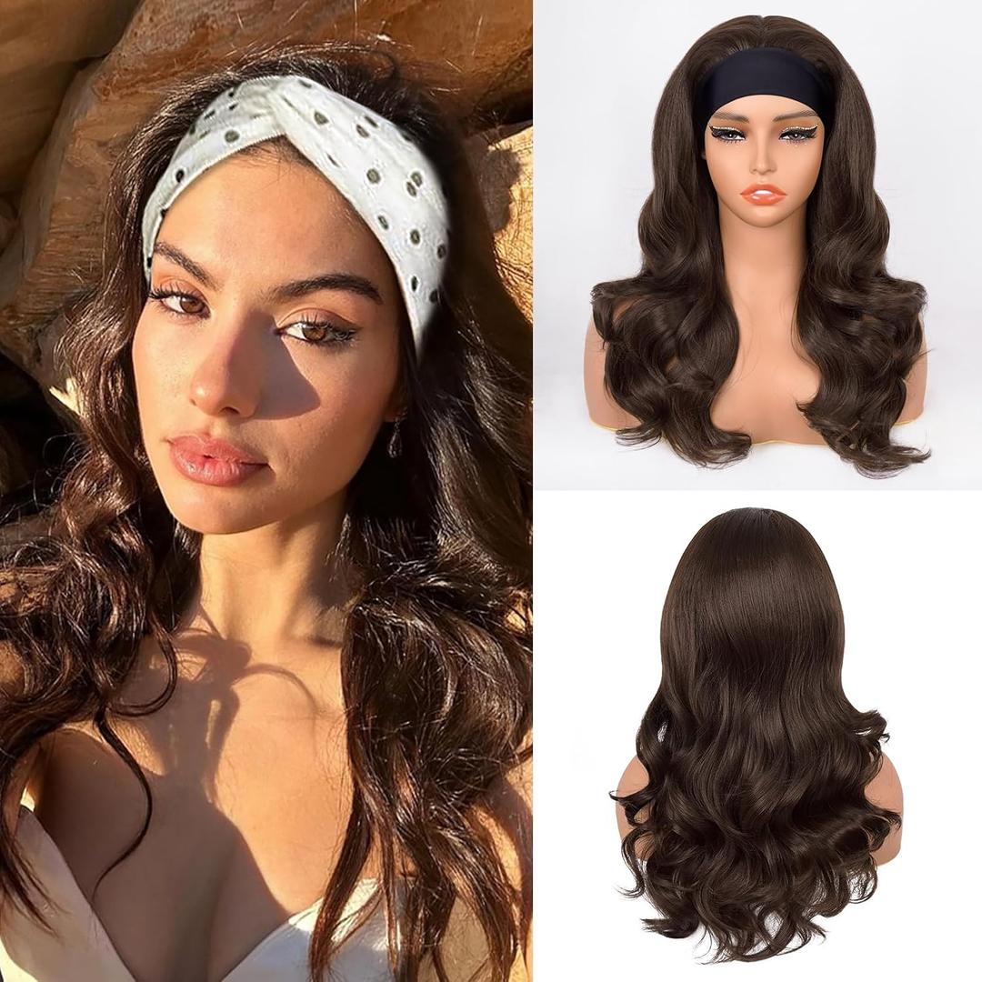 Looxey Headband Wig for Black Women, Long Wavy Headband Wig Wear and Go Glueless Half Wig Synthetic Hair Soft As Human Hair Body Wave Headband Wig (Dark Brown, 20 Inch)