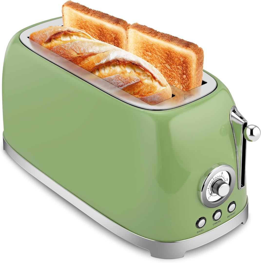 SUSTEAS Toaster 4 Slice Wide Slot, Stainless Steel Bread Bagel Toasters, Retro Long Slot Tostadora for Defrost, Reheat, Removable Crumb Tray, 1500W, 6 Browning Settings, Green