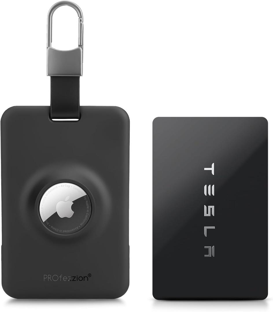 PROfezzion Tesla Key Card Holder with AirTag Slot, AirTag Tesla Card Plastic Card Key Holder for Model 3 Y S X Cybertruck with Keychain Key Rings, Key Card Protective Case Cover for Tesla - 1 Pack (Black)