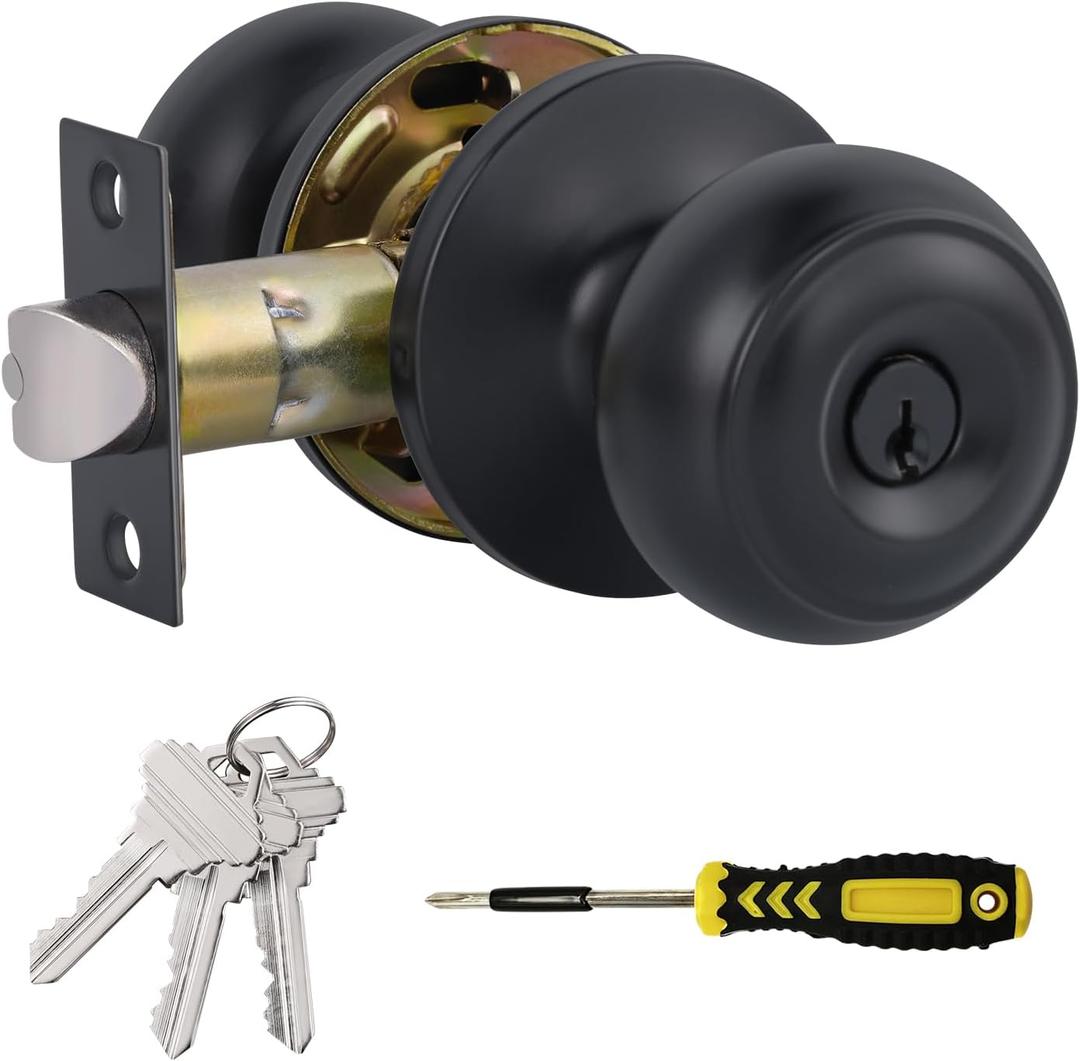 Lanwandeng Entry Door Knobs with Lock and Keyed Alike, Interior/Exterior Flat Ball Door Locks for Bedroom/Bathroom/Front/Offic Doors, Matte Black Finish