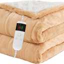 Electric Blanket Heated Twin, Soft Flannel 62"x84" Heating Blanket with 8 Hours Auto Off 10 Fast Heating Levels Machine Washable Sherpa Heated Blanket with Overheating Protection (Khaki)