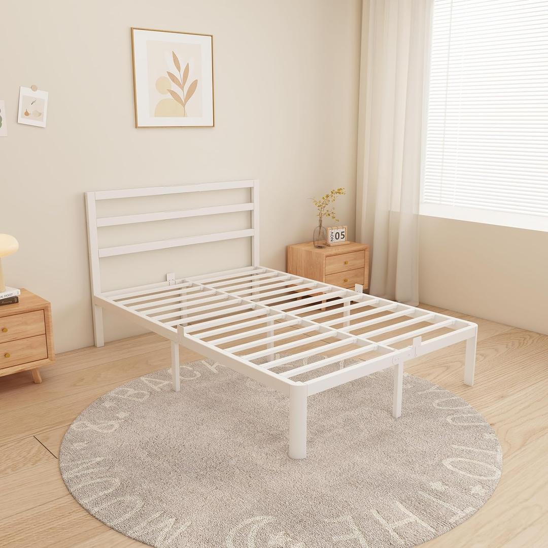 14 Inch Full Bed Frames, Metal Bed Frame with Head Board, No Box Spring Needed, Heavy Duty Steel, Anti-Slip Mattress Stoppers, Noise Free, Round Corner Legs, Easy Assembly, White