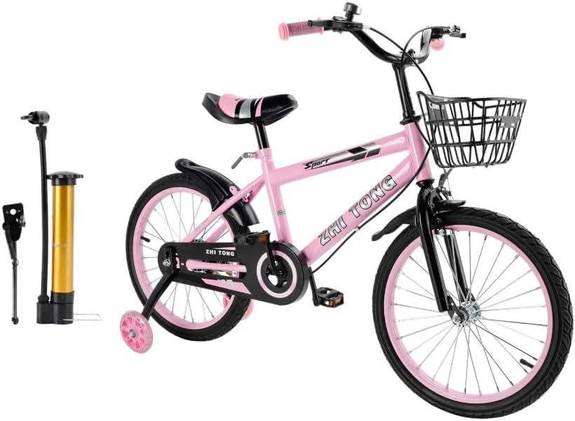 Bruce & Shark Pink 18 Inch Kids Bike with Training Wheels, Adjustable Seat, Carbon Steel Frame, Dual Brakes, Anti-Slip Wheels, Easy Assembly Youth Bicycle 3'1"–4'3" Height