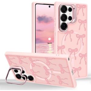 Magnetic for Samsung Galaxy S25 Ultra Bow Case with Kickstand, Compatible with MagSafe, Built-in Camera Ring Stand, Wireless Slim Translucent Ribbon Cover for Women Girls, Pink Bowknot