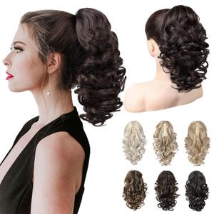 REECHO 12" Ponytail Extension, Classic Loose Curly Wavy Claw Clip Pony tails Hair Extensions Hairpieces for Women - Cool Dark Brown