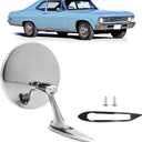 HECASA Round Bowtie Outside Rearview Mirror Ribbed Base Compatible with 1963-1965 Chevy Chevrolet Impala/Corvair/Nova/Chevelle/El Camino Steel+Glass View Mirror Clear+Silvery