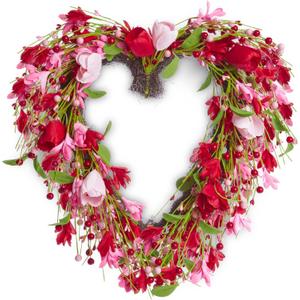 DN DECONATION Valentine's Day Decor Wreaths, Valentines Heart Shaped Wreath for Front Door 18.8 Inch with Floral Tulips and Berries, Pink Door Wreath for Outdoor Indoor Wedding Home Decorations