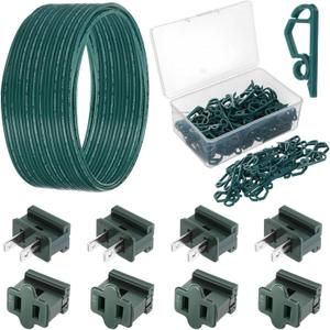109 Pcs SPT-2 50ft Christmas Electrical Wire with Female and Male Vampire Plugs & Light Clip Weatherproof 18awg 2-Conductor Wire for Christmas LED Lighting Holiday Party Supplies (Green)