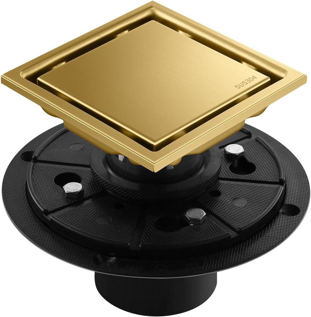 Hidden Brushed Square Shower Floor Drain, Gold 4 inch, 304 Stainless Steel, with Flange, Detachable Cover Embedded in Ceramic Tiles