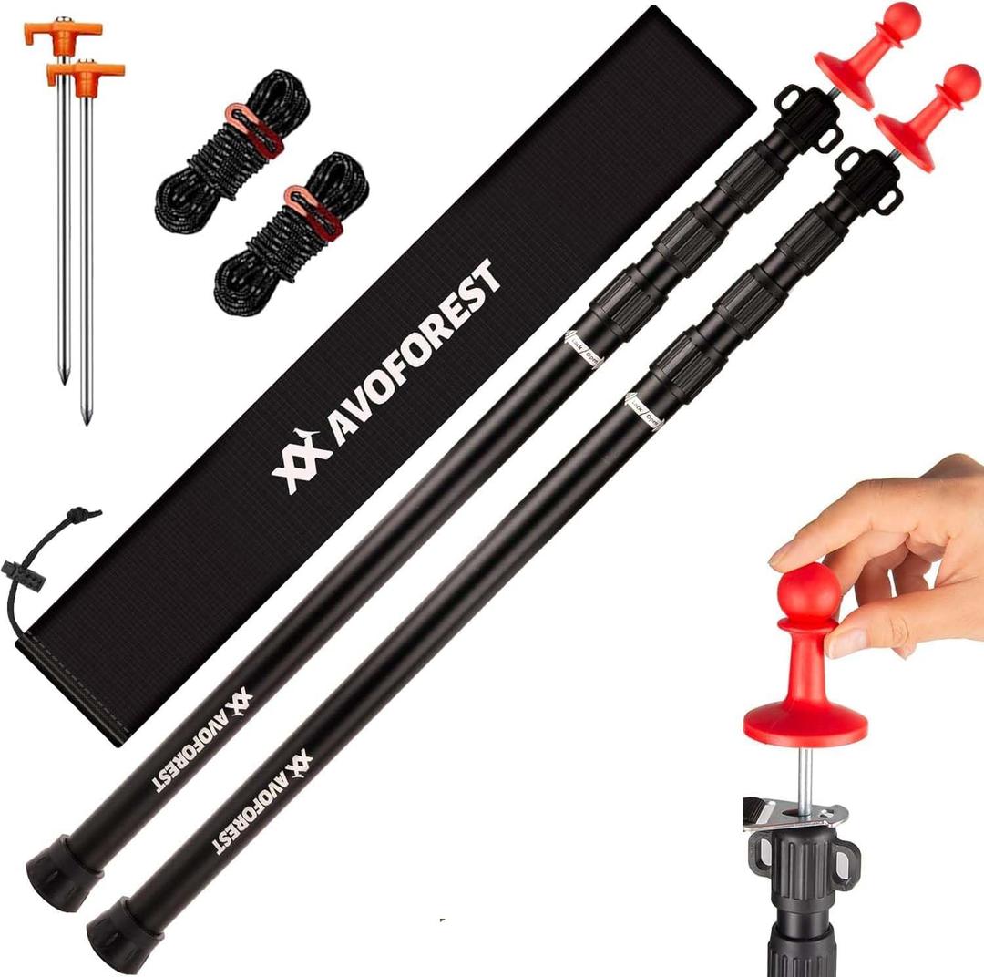 Tarp Poles Heavy Duty Adjustable, AVOFOREST Aviation Aluminum 8.7FT Tent Poles Lengthen and Thicken with Protection Cap Awning Poles Set of 2 for Hiking (Black)