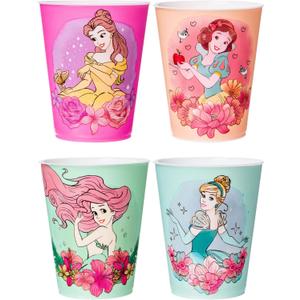 Silver Buffalo Disney Princess Featuring Belle, Snow White, Ariel, and Cinderella Floral 4 Pack Plastic Mini Cup Set, 1.5 Ounces
