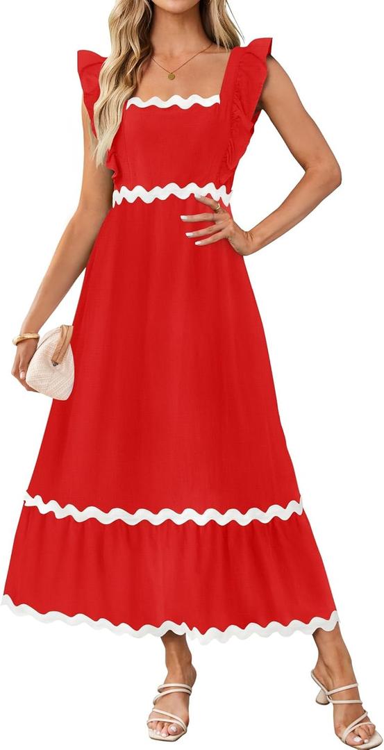 ZESICA Women's Summer Sleeveless Ruffle Dresses Square Neck Backless Boho Flowy Maxi Sundress with Pockets (Red) XLarge