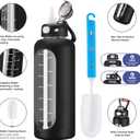 SIEROZUR 32 oz Glass Water Bottle with Straw and Handle 1 Liter Glass Water Bottle with Silicone Sleeve and Time Marker Sports Water Jug Wide Mouth for Travel Gym (Black)