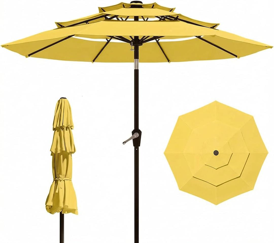 10FT Patio Umbrella 3 Tiers Outdoor Market Umbrella w/Push Button Tilt, Crank, UV and Waterproof Table Umbrella for Garden, Pool, Backyard, Deck, Lawn, Sunshine Yellow