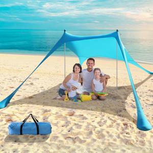 Beach Tent Sun Shelter - 9.8 x 6.5 Ft Beach Canopy UPF50+ UV Protection with Sandbags, Poles, Grond Pegs and Anti-Wind Ropes for Camping, Fishing, Backyard and Picnics