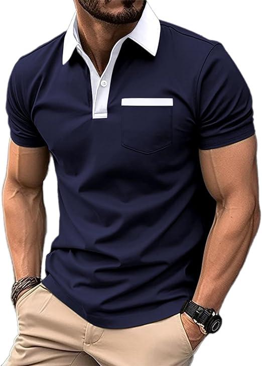 Mens Casual Polo Shirts Classic Short Sleeve Golf Shirt Fashion Button Cotton Top with Pocket (1-Navy, Medium)