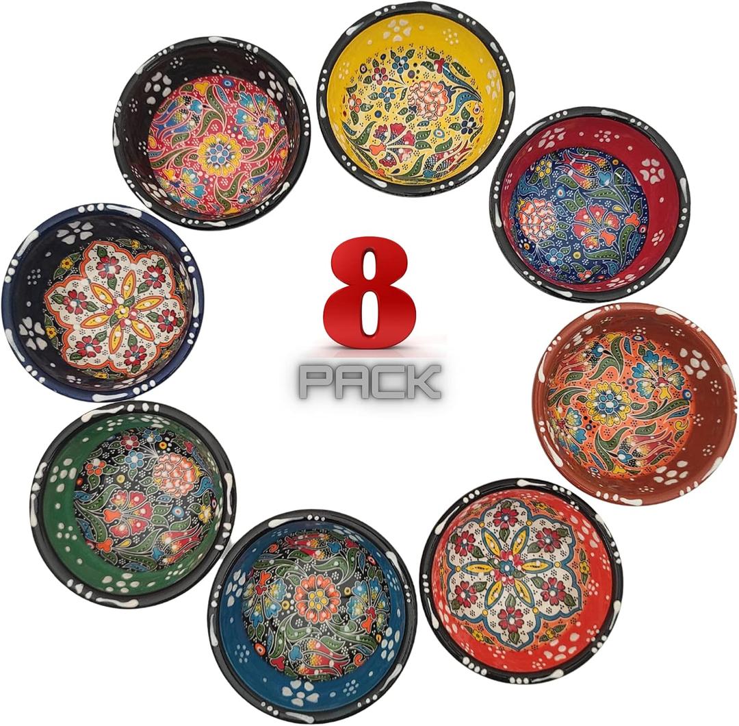 Decorative Turkish Ceramic Bowl Set of 8 Serving-Handcrafted(3.14''- 8cm) 2.5oz Pinch sauce Multicolor Dipping Finger Small Serving Charcuterie Bowls(Multi 3)