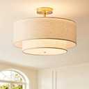 16" Double Drum Semi Flush Mount Ceiling Light, 3-Light Classic Fabric Linen Shade Design Farmhouse Gold Light Fixture for Living Room, Bedroom, Kitchen, Dining Room, Entryway, Hallway