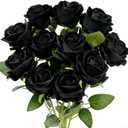 Jasion 12PCS Artificial Roses Realistic Velvet Silk Flowers Long Stem Faux Flowers Bouquet for Wedding Home Party Table Centerpieces Decorations (Black)