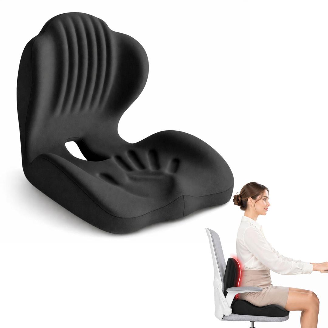 TWEJMZU Pain Relief Ergonomic Seat Cushion with Lumbar Support, Memory Foam, L-Shaped, for Office Chair, Car Seat, Gaming Chair (Black+Grey)