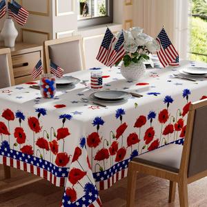 XCHI America Stars Red Blue Flowers Patriotic 4th of July Memorial Day Independence Day Tablecloth Rectangle Washable Table Covers for Home Party Decorations 60x120 Inch