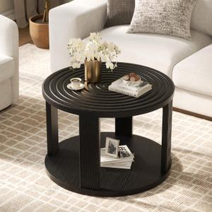 Planimetry 26.8'' Round Coffee Table, 2-Tier Circle Coffee Table with Open Storage, Fluted Round Center Table with Thick Tabletop, Wood Circular Table for Living Room Small Space Easy Assembly, Black