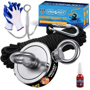 VNDUEEY 760 LBS Magnet Fishing Kit, Fishing Magnets Kit Includes Grappling Hook, Heavy Duty 65FT Rope, Gloves & Locking Carabiner - 2.36inch Diameter