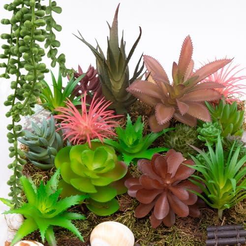 Niuohoy 16 Pcs Artificial Succulents Plants Faux Plastic Succulents Assortment in Green & Colorful Tones for DIY Crafts, Floral Walls, Home, Garden, Office Decor, Party & Cake Decorations