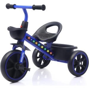 Kids Tricycle with Colorful LED Lights for Toddlers 1-3 Years, Stable 3-Wheel Design & Storage Basket for Fun Indoor Outdoor Ride, Gift for Baby Boy Girl (Blue)