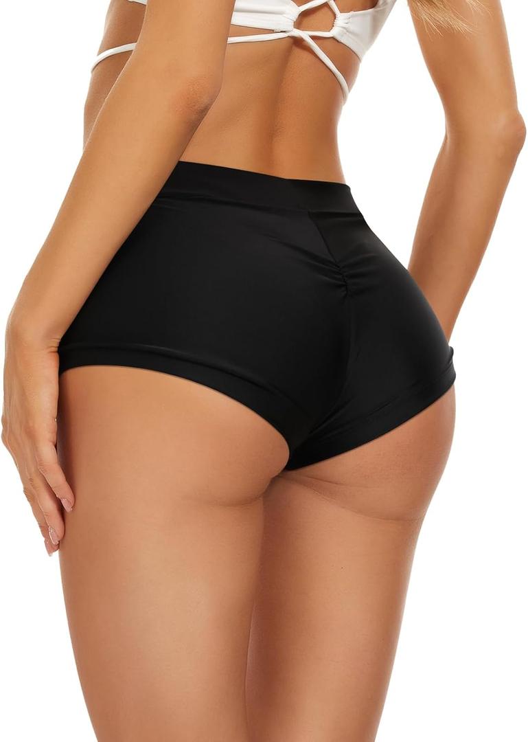 Annbon Ruched Scrunch Butt Bikini Bottoms Mid Rise boy Short Swim Bottoms Bathing Suit Bottoms for Women Full Coverage (XX-Large, Black)