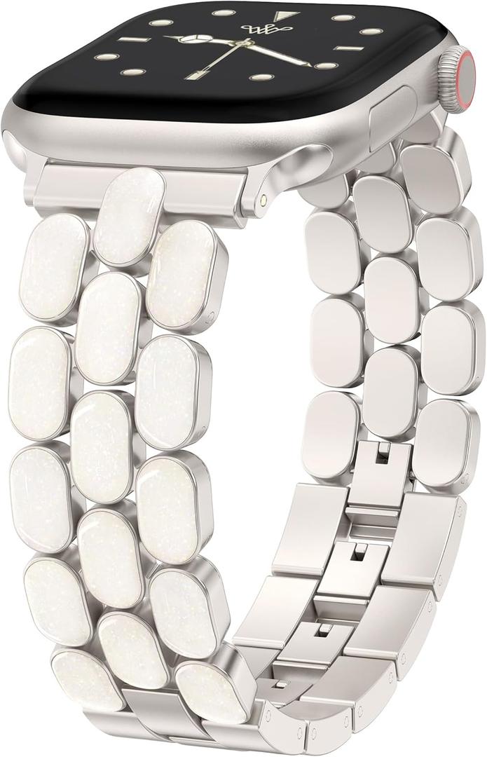 Wearlizer Metal Bracelet Compatible with Apple Watch Bands for Women 40/38/41/42/44/45/46/49mm, Gold Dressy Jewelry Enamel Stainless Steel Strap for iWatch Band Series 11 10 9 8 7 6 5 4 SE/Ultra 3 2 1 (Starlight/Iridescent)