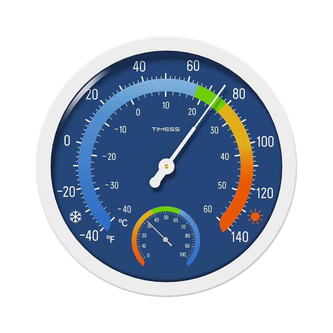 Indoor Outdoor Thermo-Hygrometer, 10 Inch Battery-Free, Dual Dial Large Numbers Analog Wall Thermometer Hygrometer, Classic Temperature Humidity Monitor for Patio, Nursery, Storage (Blue)