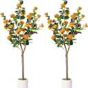 Artificial Camellia Tree 5ft, 2pack Indoor Fake Plant with Realistic Trunk, Leaves, Flowers and White Planter, Faux Potted Tree for Home Decor and Housewarming Gift (Orange)