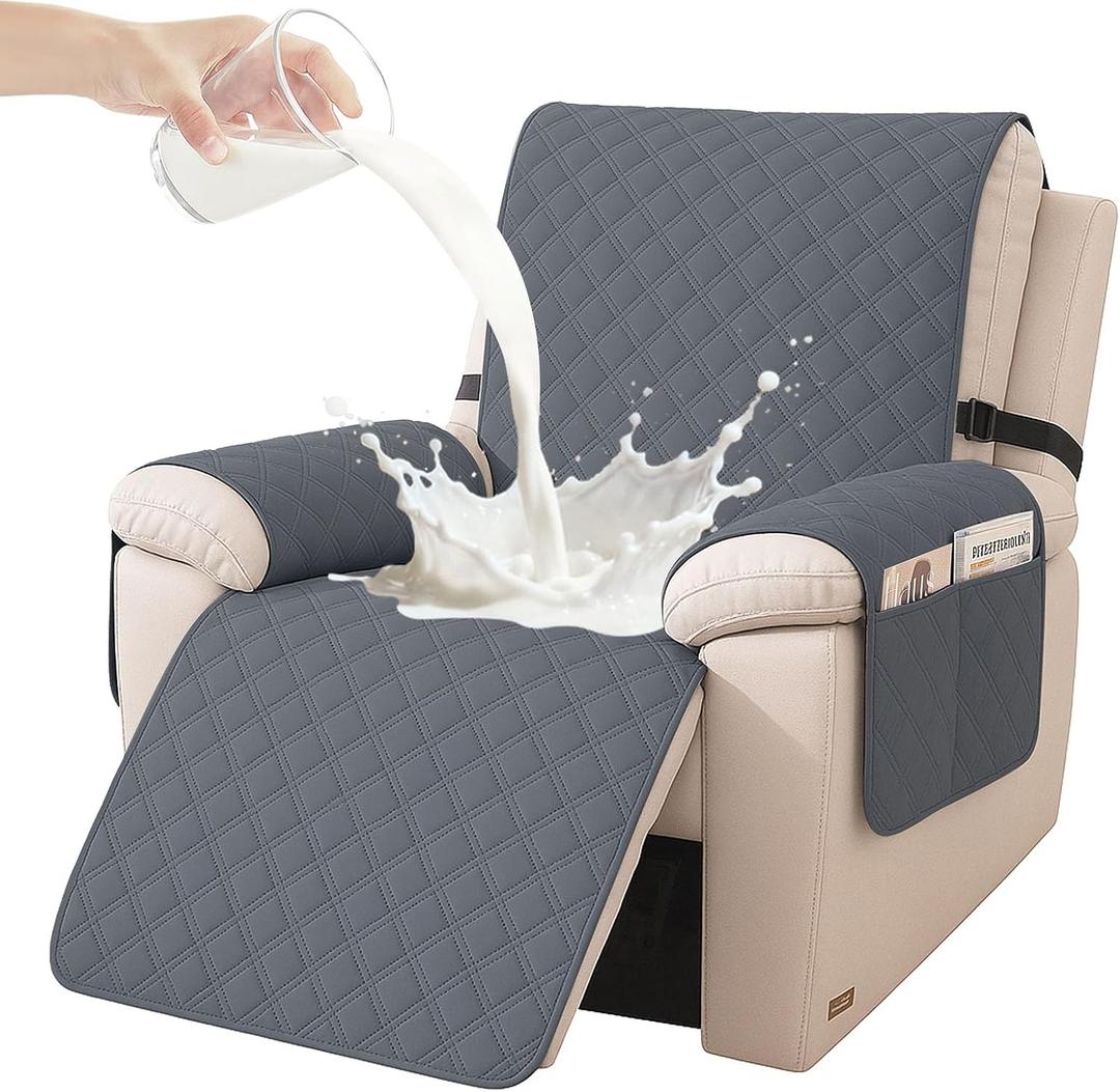 Waterproof Recliner Covers Washable, with Pocket (Dark Gray, 28") | Recliner Chair Covers That Stays In Place, With Elastic Straps, Fits Single Electric Recliner, For Pets and Dogs