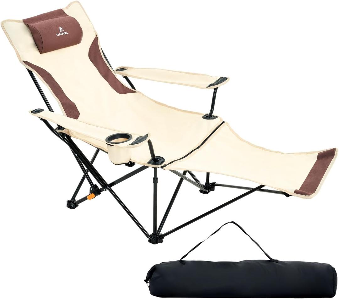 Reclining Camping Chair 4-Position Adjustable, Lightweight Folding Lounge Beach Chair for Adults with Removable Footrest & Headrest, Cup Holder & Storage Pouch for Outdoor(330lbs Capacity), Beige, 62 inches x 32 inches x 29.5 inches