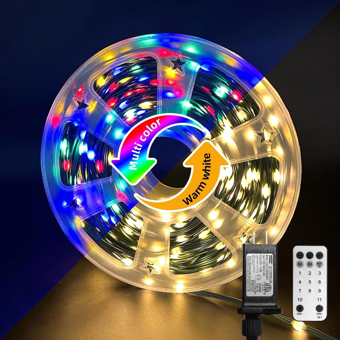 Anycosy Dual Color Change Lights, 165FT 500LED Outdoor/Indoor Waterproof Remote Control Xmas Tree String Lights - 8 Modes, Timer, Warm White/Multi Color