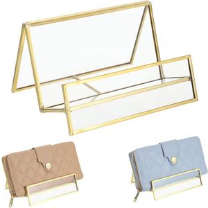 JUXYES Luxurious Wallet Display Stand, Golden Glass Purse Display Holder Modern Handbag Display Rack for Boutique, Retail Countertop Display Stand for Handbags, Purse, Clutches, Wallet