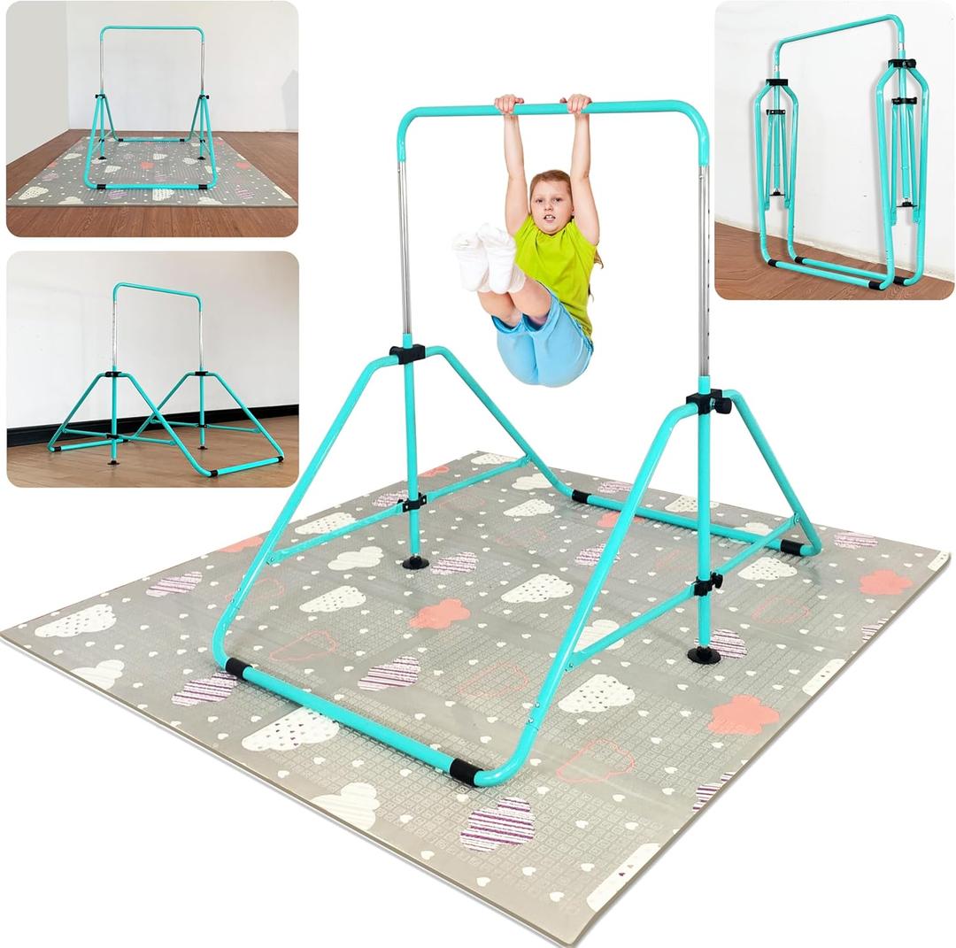 Foldable Gymnastic Bar for Kids Ages 3-9, 9 Height Levels, 200 lbs Weight Capacity, 5 Ft Length Gymnastic Kip Bar with Mat, Gymnastic Equipment for Home and Gym Center Indoor Outdoor Use