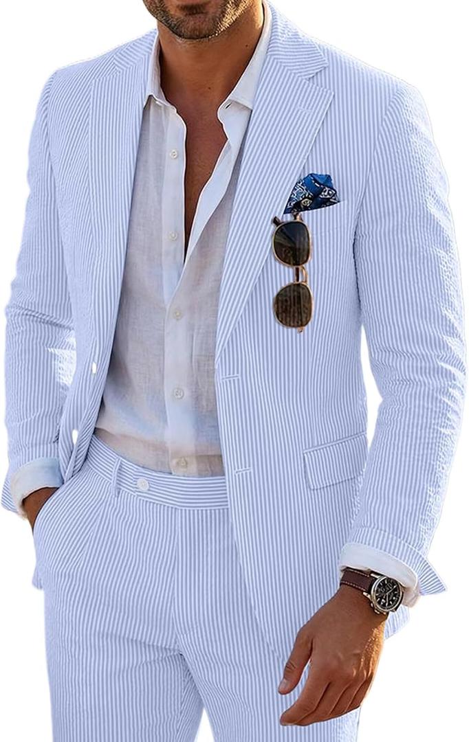 Seersucker Mens Suit 2 Piece Slim Fit Stripe Suits Tuxedo Blazer Jackets Pants Set Summer Beach Wedding Outfit for Men