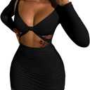 Women's Sexy Bodycon Deep V Neck Long Sleeve Cut Out Club Mini Dress (Black)