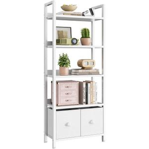 Furologee 5 Tier Bookshelf with Drawers, White Tall Bookcase with Shelves, Wood and Metal Bookshelves Storage Organizer, Modern Display Free Standing Shelf Unit for Bedroom, Living Room, Office